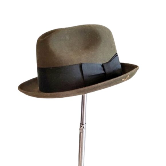 1960s Dark Olive Green Felt Vintage Skinny Narrow Brim Fedora Hat Unworn 6 7/8